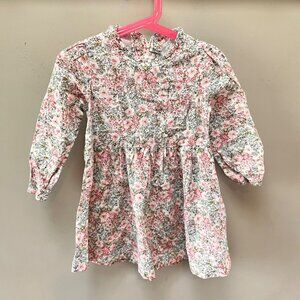 Girls Floral Long-Sleeve Dress By ToTo Heros Size 110 (3-4t) Pink White Gray Cot
